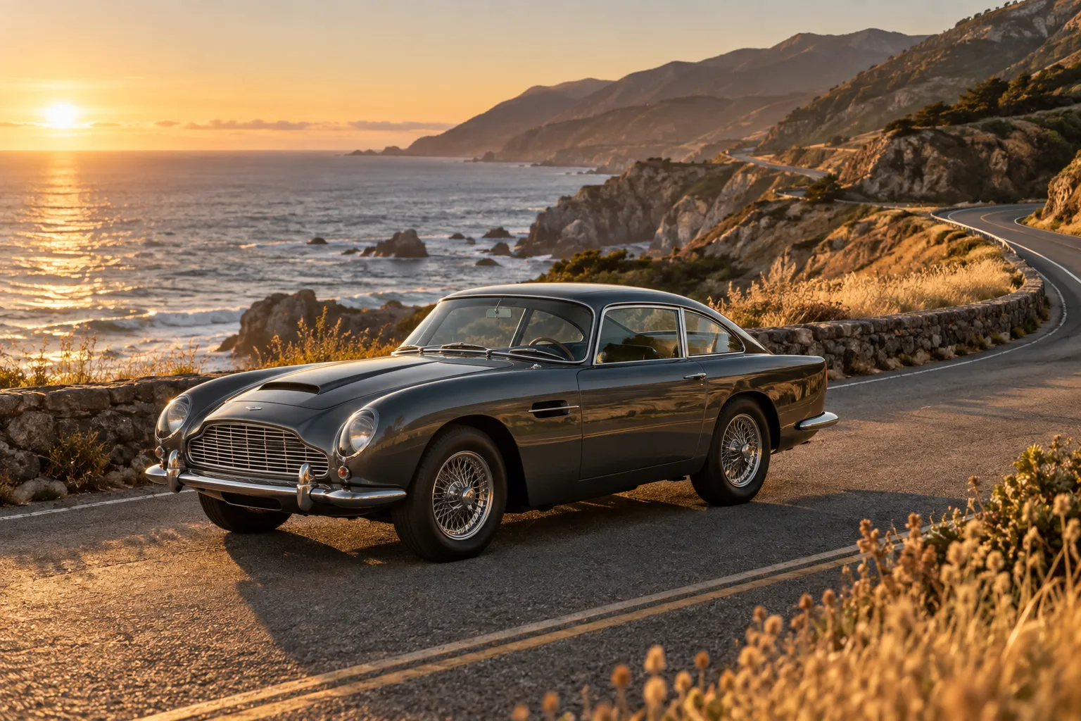 A charcoal sports car on a winding coastal road