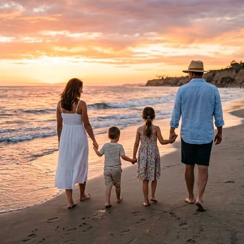 A family walking together on the beach at sunset