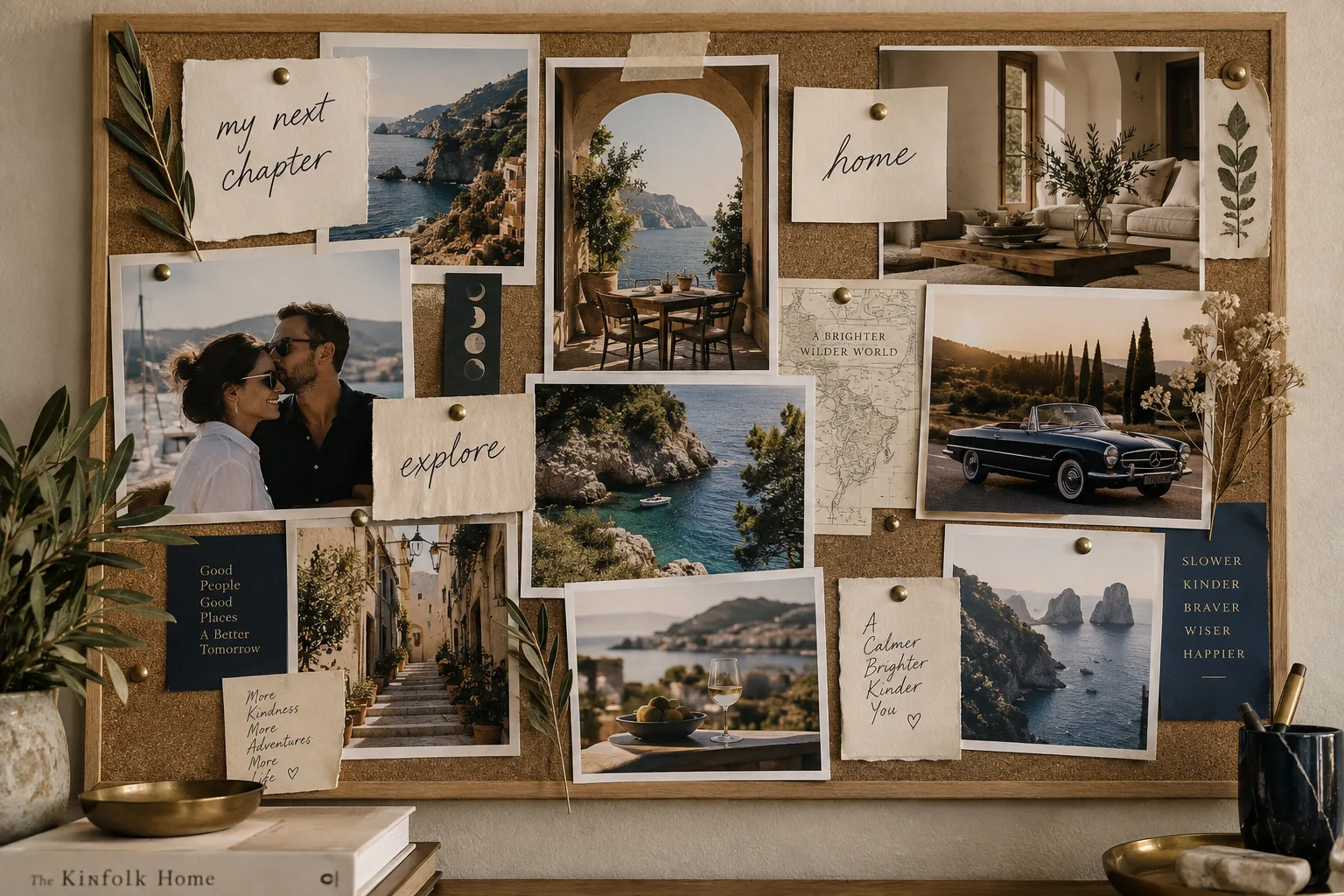 A completed vision board of photos and handwritten intentions