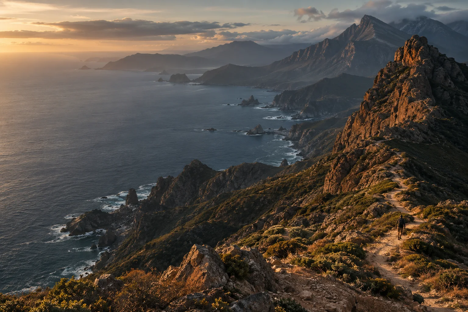 A winding trail along a sunlit coastal mountain ridge