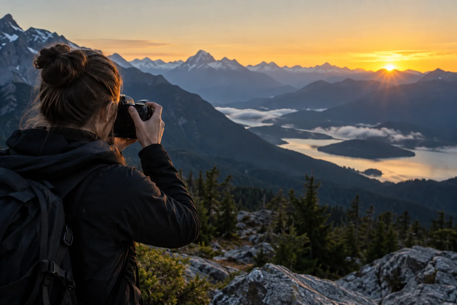 A photographer capturing mountains in the morning light