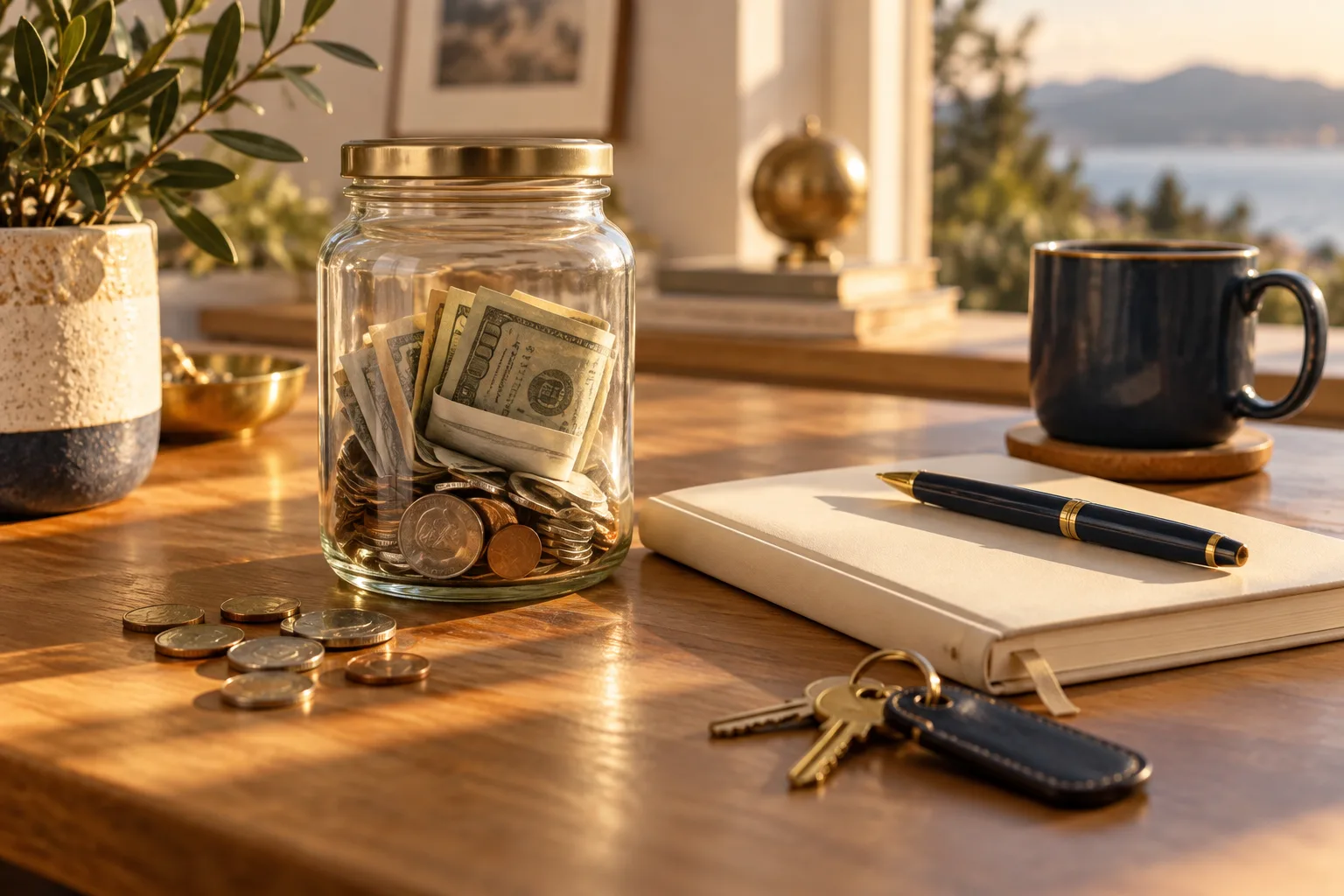 A jar of savings and coins beside a notebook
