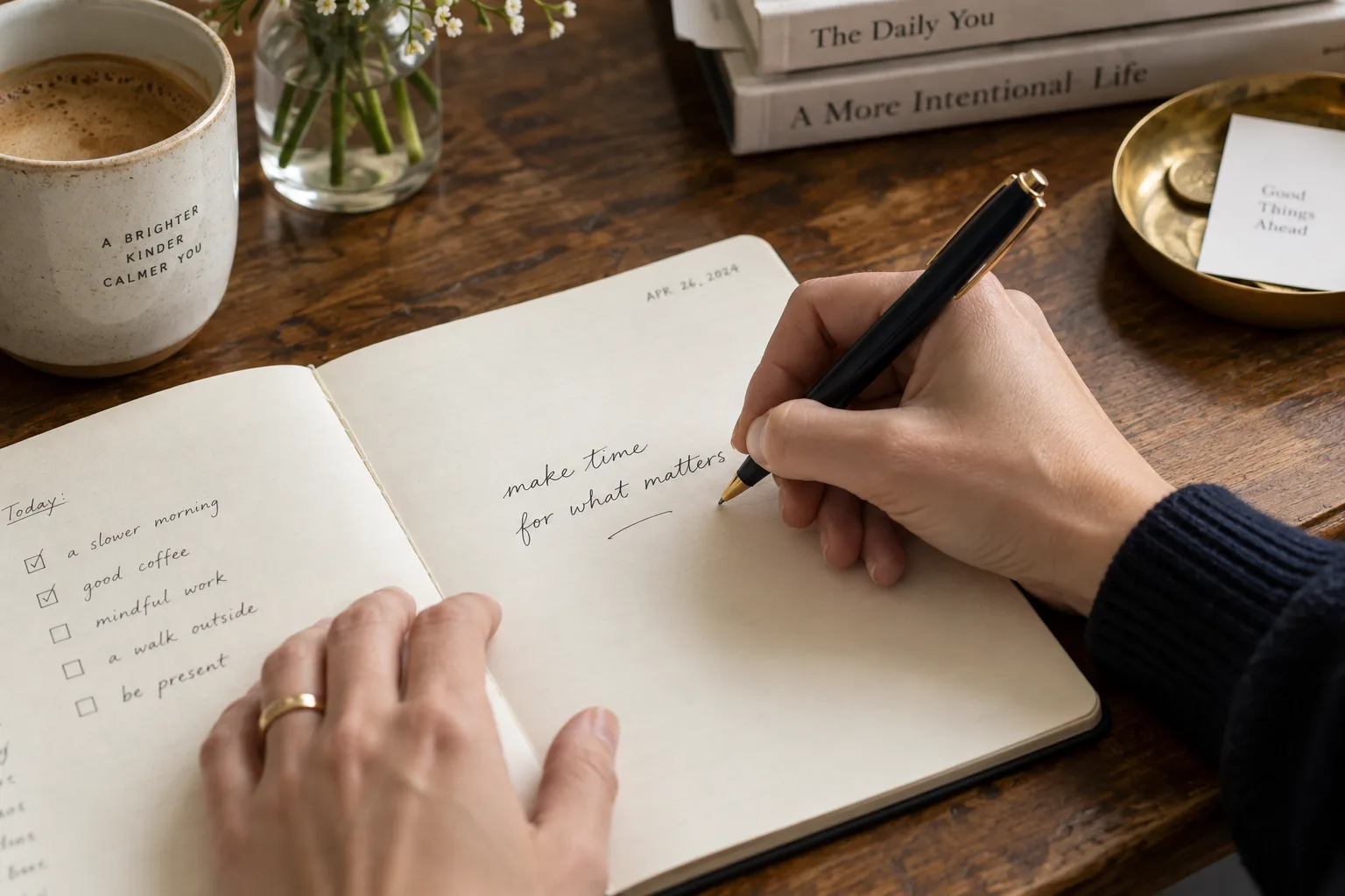 A hand writing an intention in a notebook